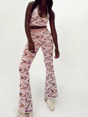 Princess Polly Seamless Pink Wavy Pattern Flare Knitted Pants And Top